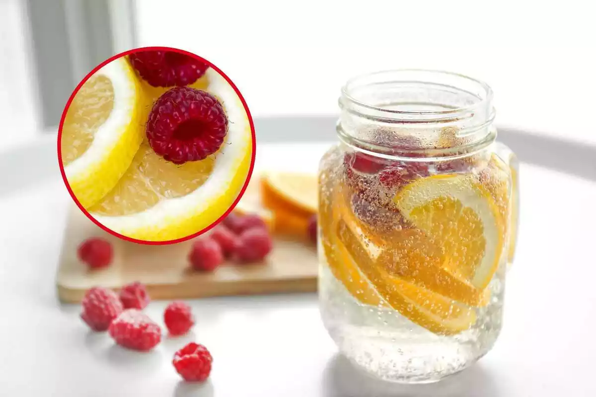 Montage of a glass of water, lemons and raspberries and a round glass with the same fruit close-up