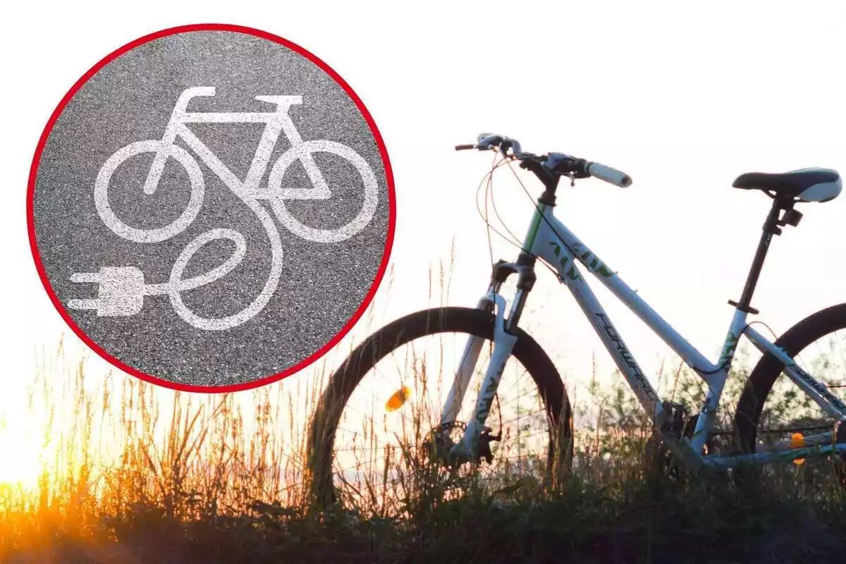 Montaje con una imagen de una bicicleta en el campo y un círculo con una señal en el suelo para bicicletas eléctricas
