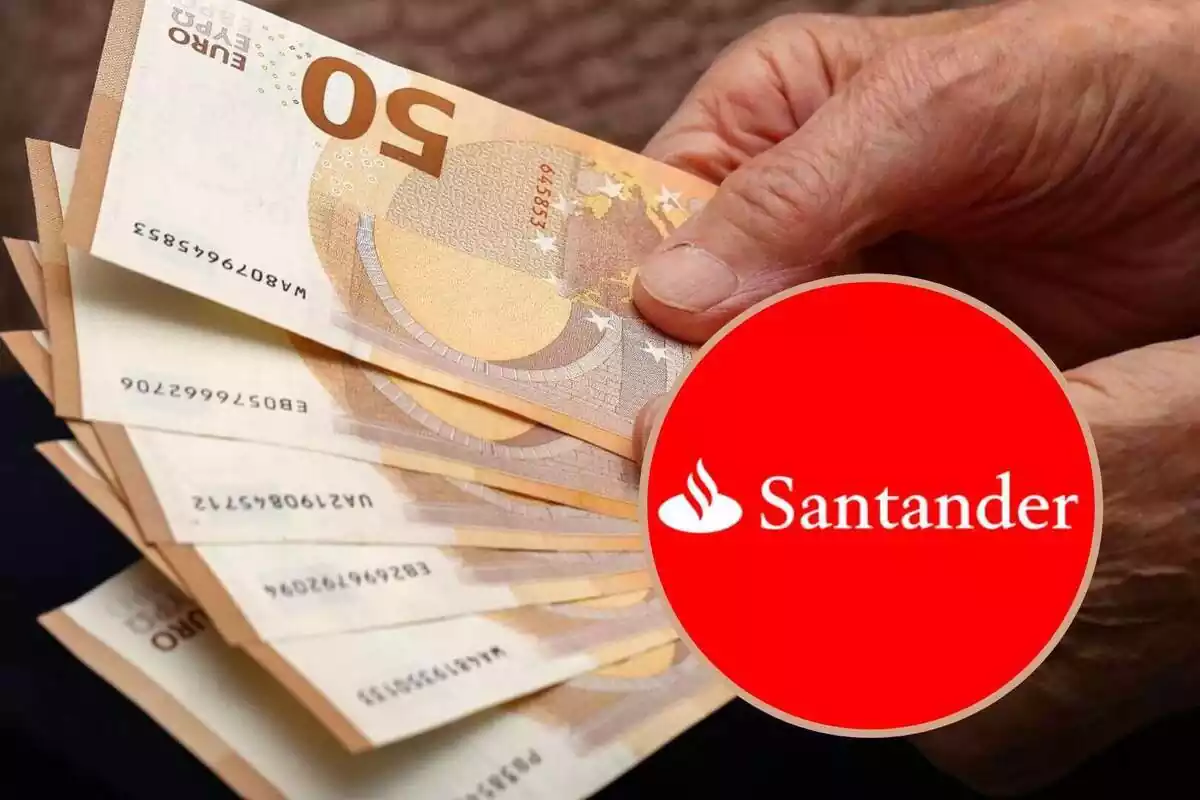 Montaje de una persona mayor sujetando billetes con las manos y un círculo con el logo del Banco Santander