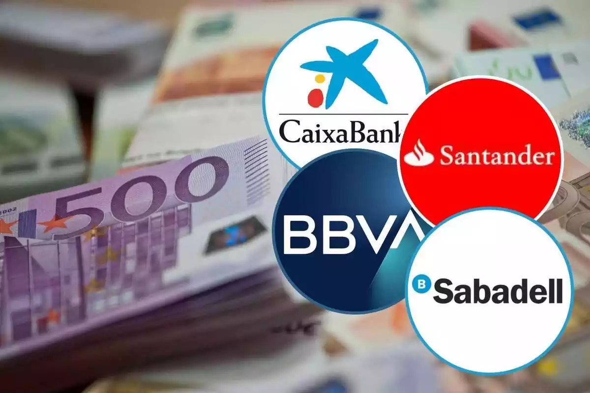 Montaje con varios billetes de euro y los logos de CaixaBank, BBVA, Banco Santander y Banco Sabadell