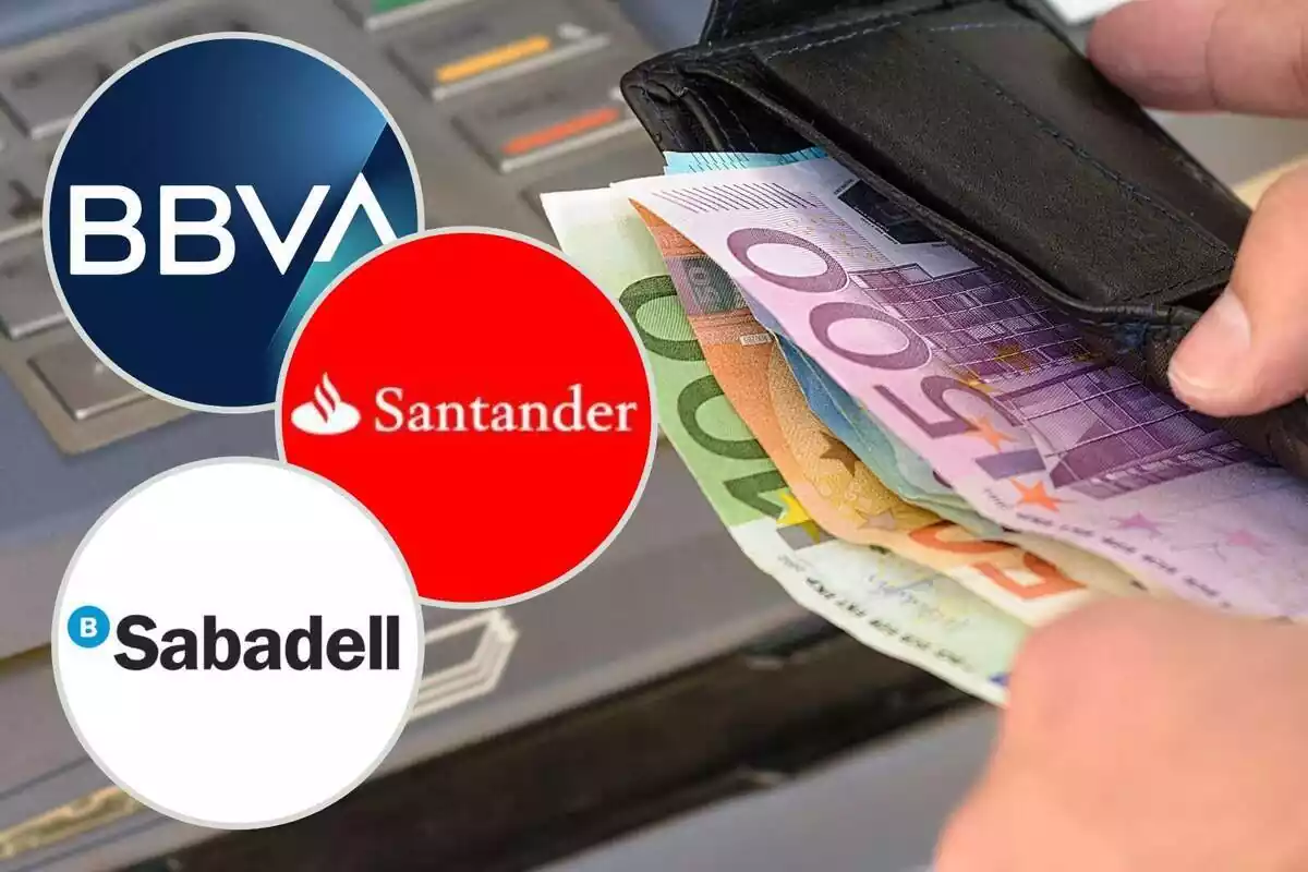 Montaje con una cartera con billetes de euro en un cajero y tres círculos con los logos de BBVA, Banco Sabadell y Banco Santander