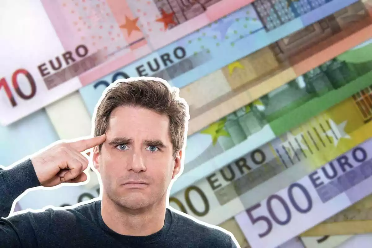 Montaje de un fondo con muchos billetes de euro y una persona gesticulando locura