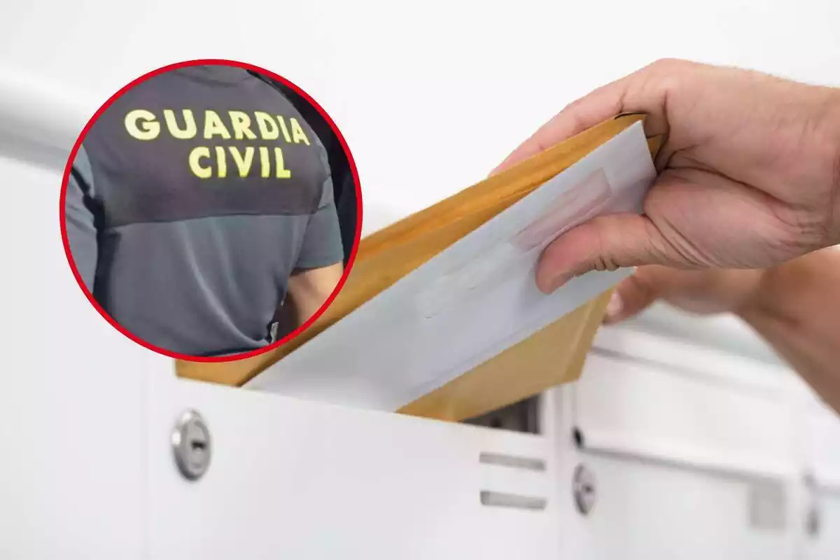 Montaje de unas cartas entrando en un buzón y una redonda con la espalda de un Guardia Civil uniformado