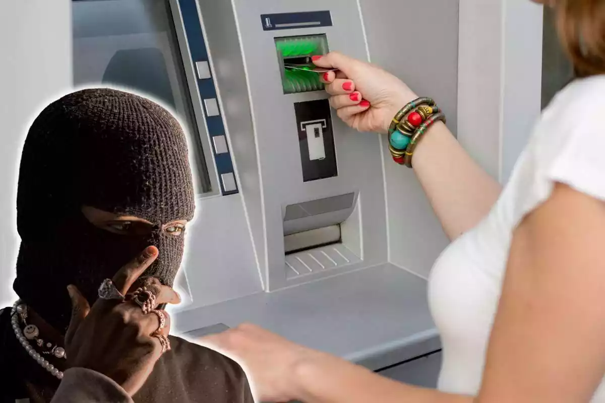 Montaje de una mujer en un cajero automático y la imagen de un ladrón en la parte izquierda