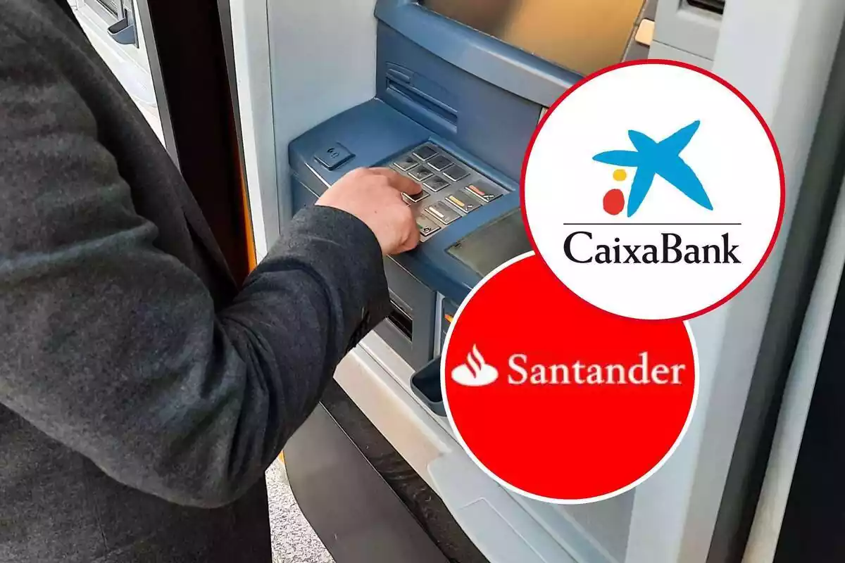 Montaje de una foto de fondo con un cajero automático y dos redondas con los logos de Santander y CaixaBank