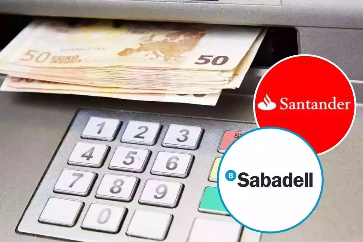 Montaje con una imagen de billetes en un cajero automático y dos círculos con los logos de Banco Sabadell y Banco Santander