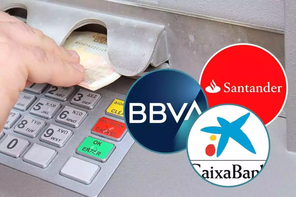 Montaje con una mano sacando billetes del cajero y tres círculos con los logos del Banco Santander, BBVA y CaixaBank
