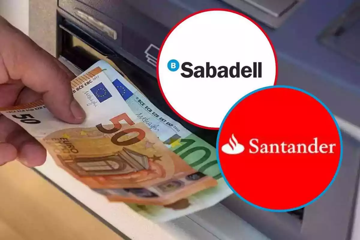 Montaje con una imagen de unos billetes en un cajero automático y dos círculos con los logos de Banco Sabadell y Banco Santander