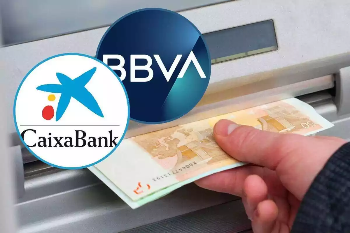 Montaje con una imagen de una persona sacando billetes de un cajero y dos círculos con los logos de CaixaBank y BBVA