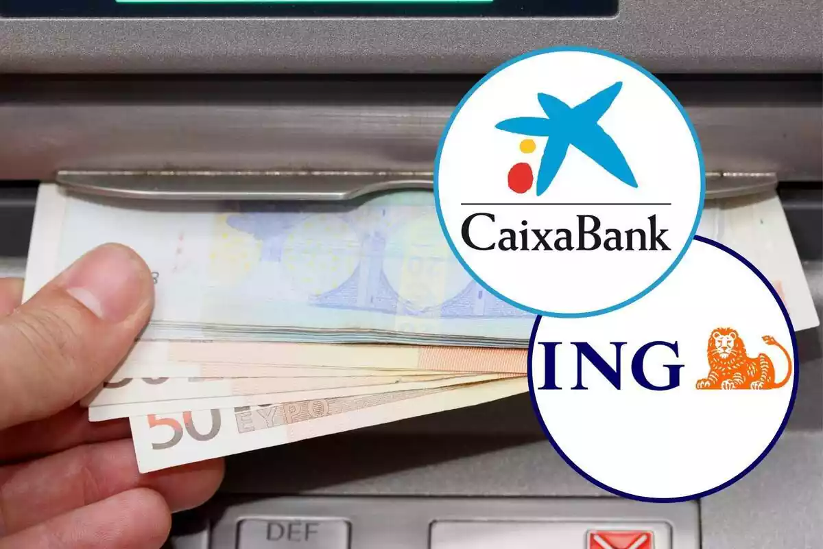Montaje con una mano sacando billetes de euro de un cajero y dos círculos con los logos de CaixaBank e ING