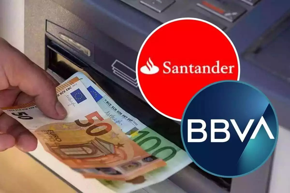 Montaje con una imagen de un cajero automático y billetes y dos círculos con los logos de Banco Santander y BBVA