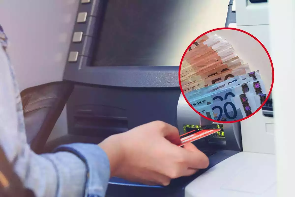 Montaje de una persona metiendo la tarjeta en un cajero y una redonda con billetes de euro