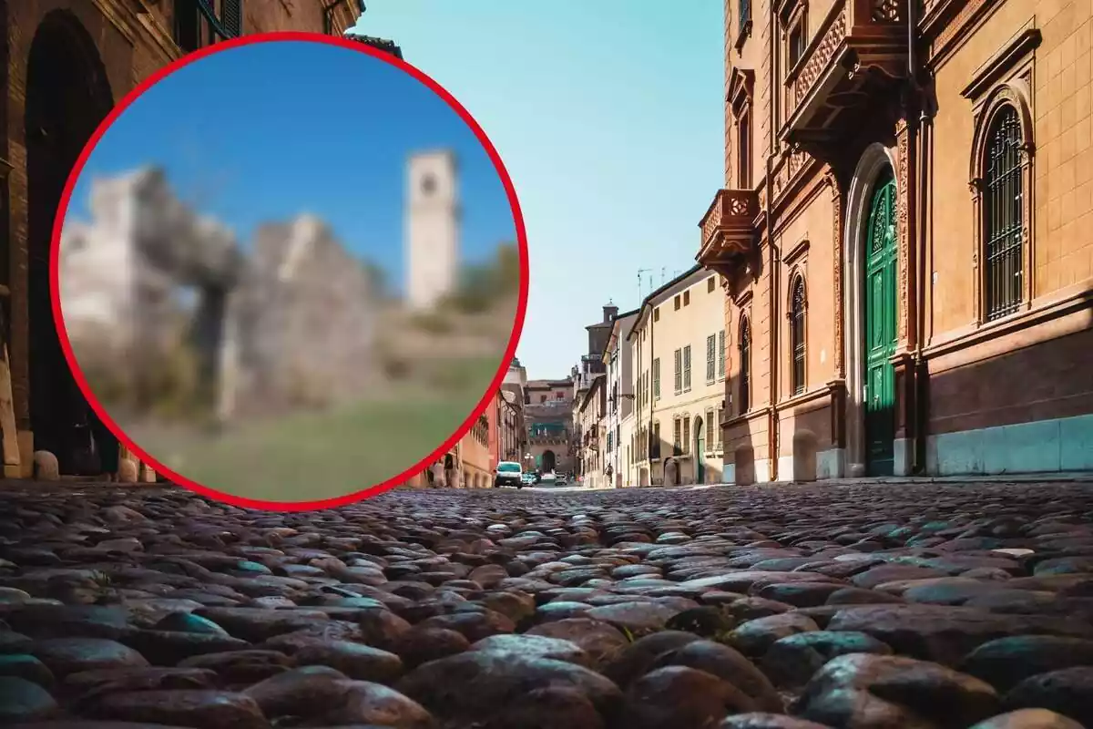Montaje con una calle de piedras de un pueblo y un círculo con una imagen borrosa del pueblo maldito en Burgos