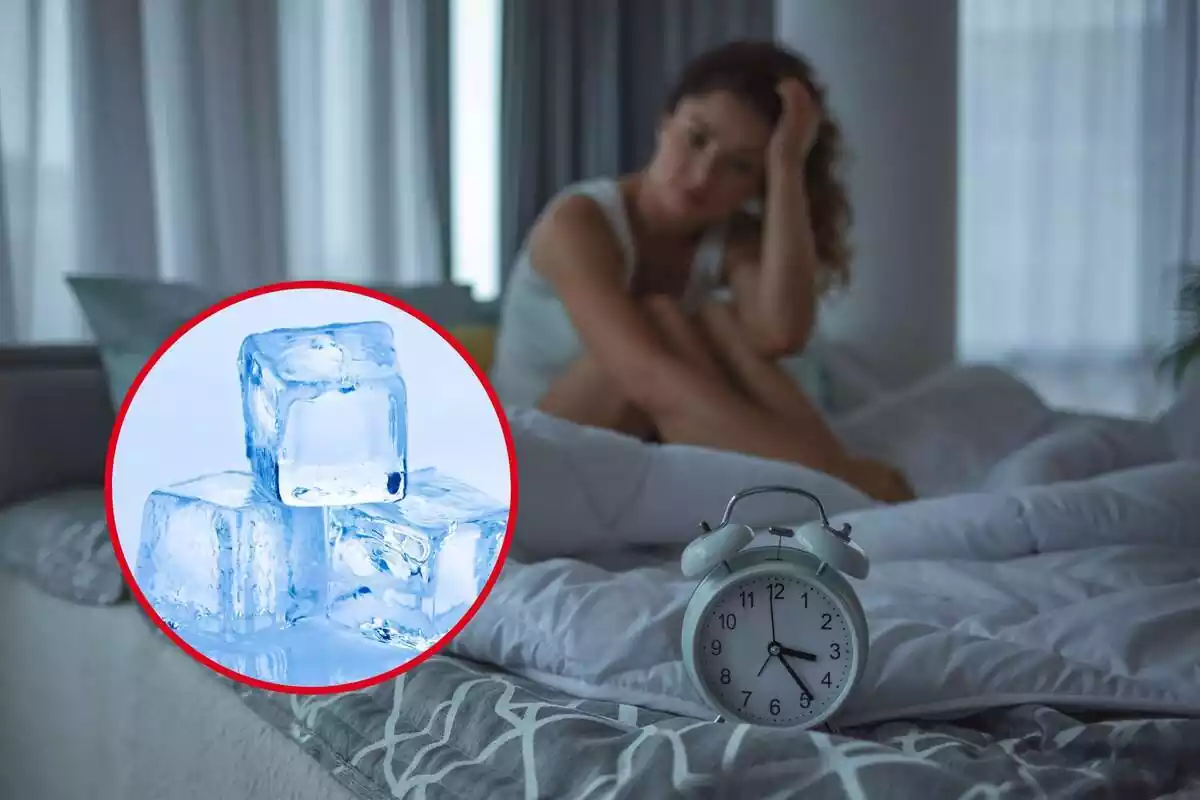 Montaje de una chica desvelada en una cama y una redonda con cubitos de hielo