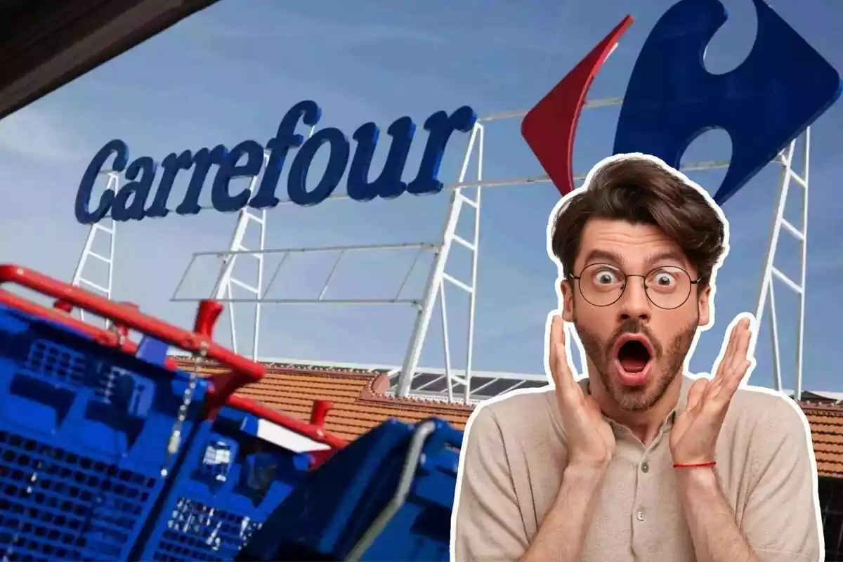 Montaje de una tienda de Carrefour exterior y un chico sorprendido