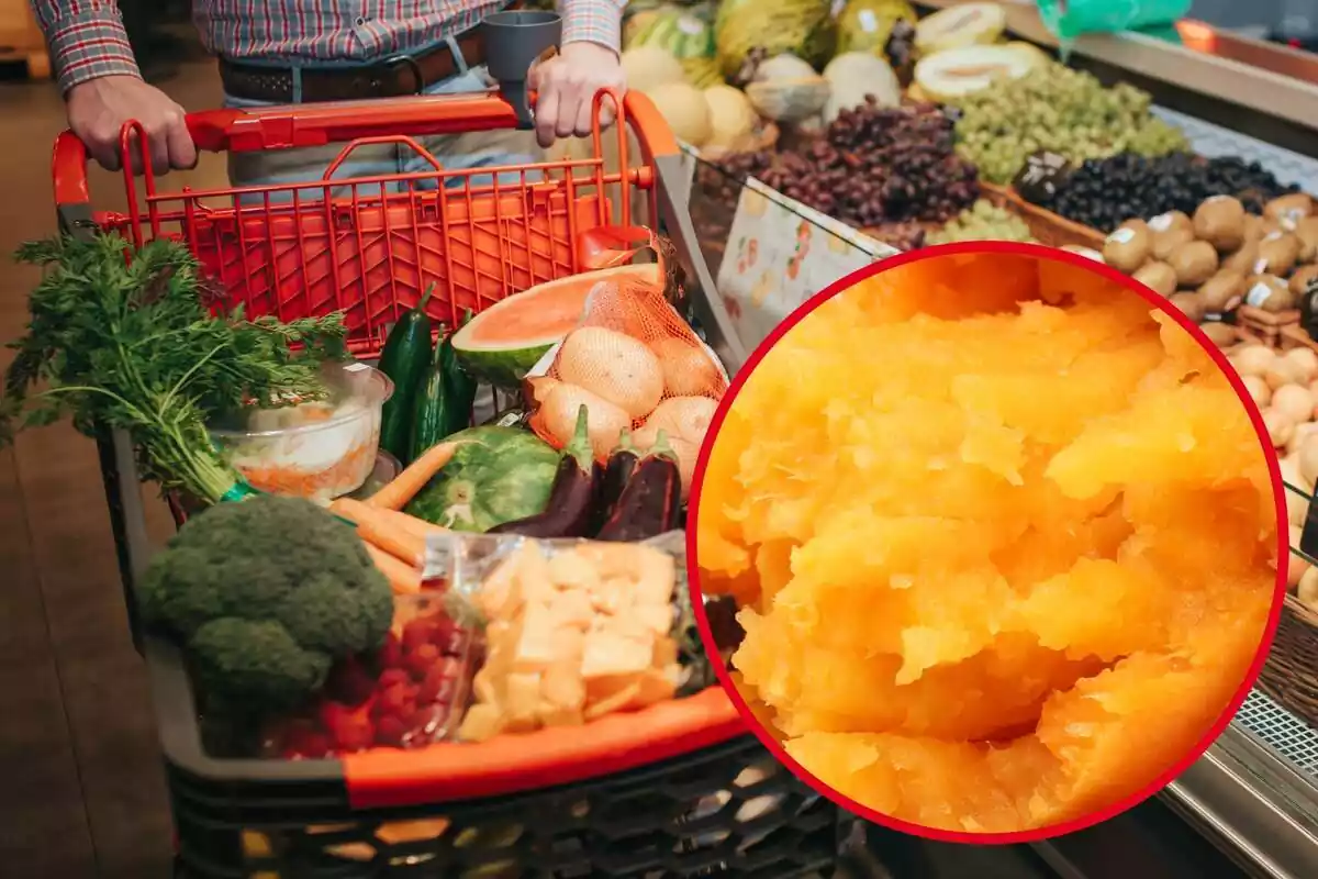 Montaje con un carrito lleno de frutas y verduras en un supermercado y un círculo con el interior de un boniato