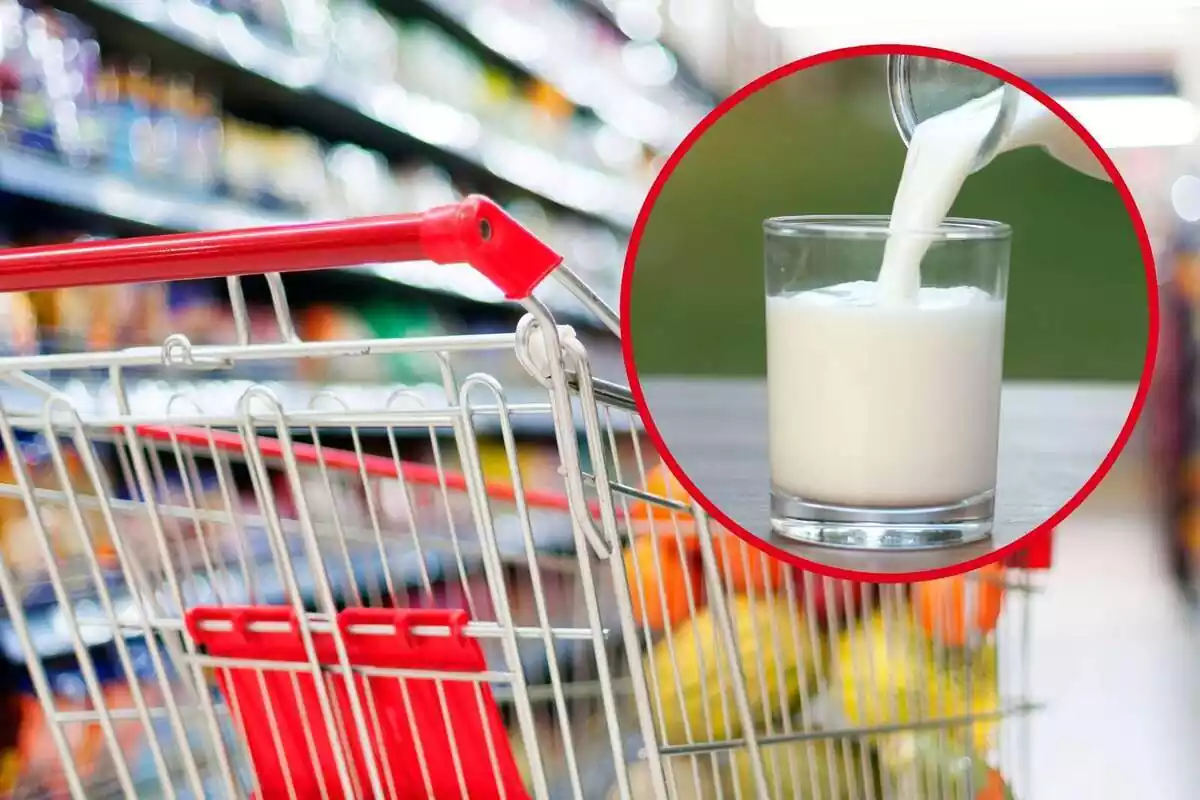 Montaje con un carrito en un supermercado y un círculo con un vaso lleno de leche
