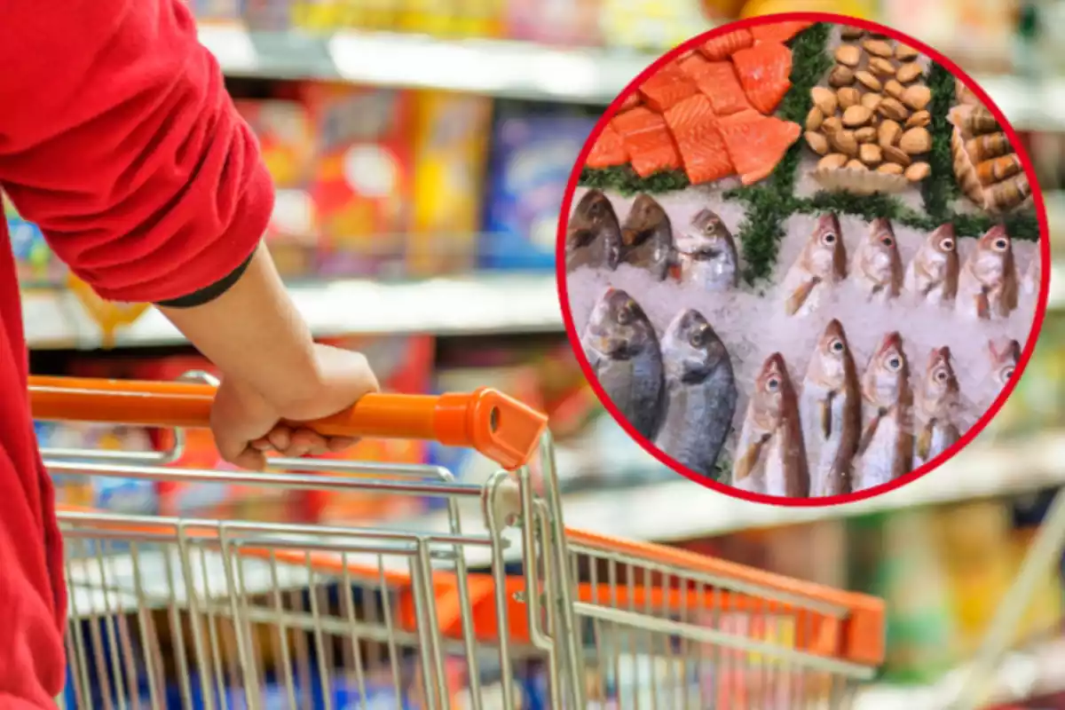 Montaje con una persona con un carrito en el pasillo de un supermercado y un círculo con pescado fresco en el mostrador de una pescadería