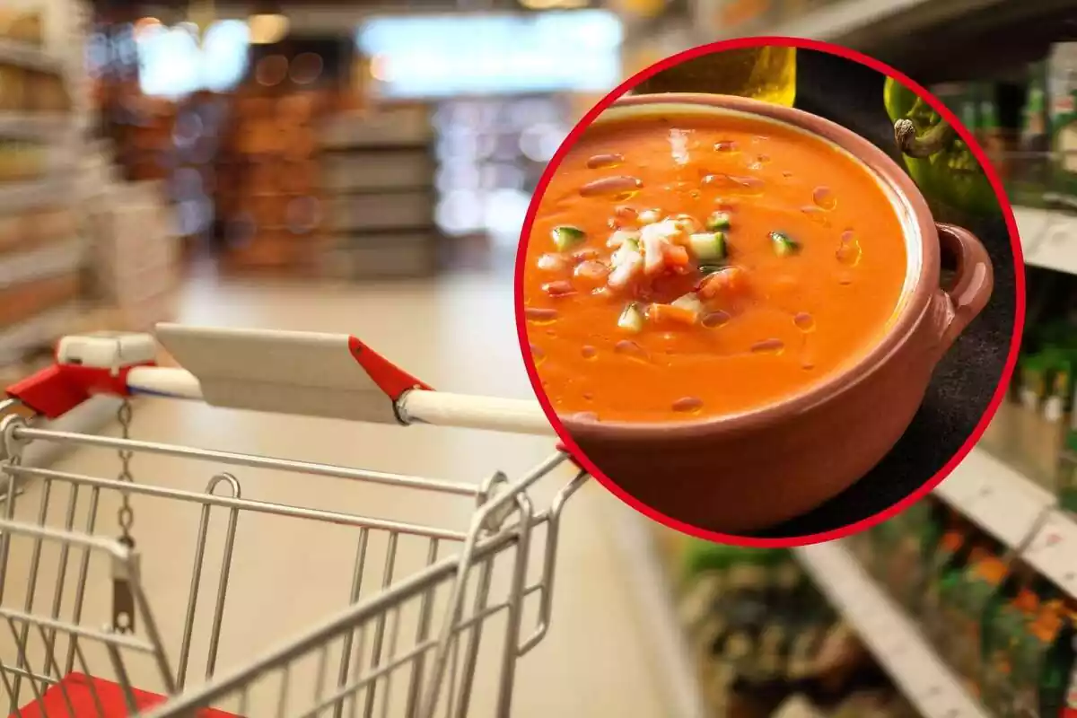 Montaje con un carrito en el pasillo de un supermercado y un círculo con un bol lleno de gazpacho