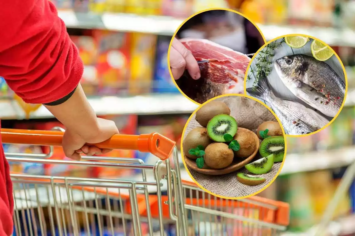 Montaje con una persona con un carrito del supermercado y tres círculos con una imagen de jamón serrano, pescado y kiwis