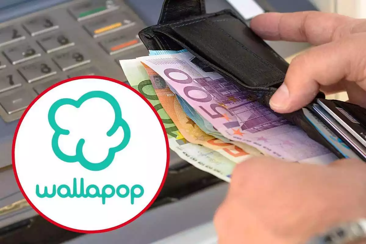 Montaje con una cartera llena de billetes en un cajero automático y un círculo con el logo de Wallapop