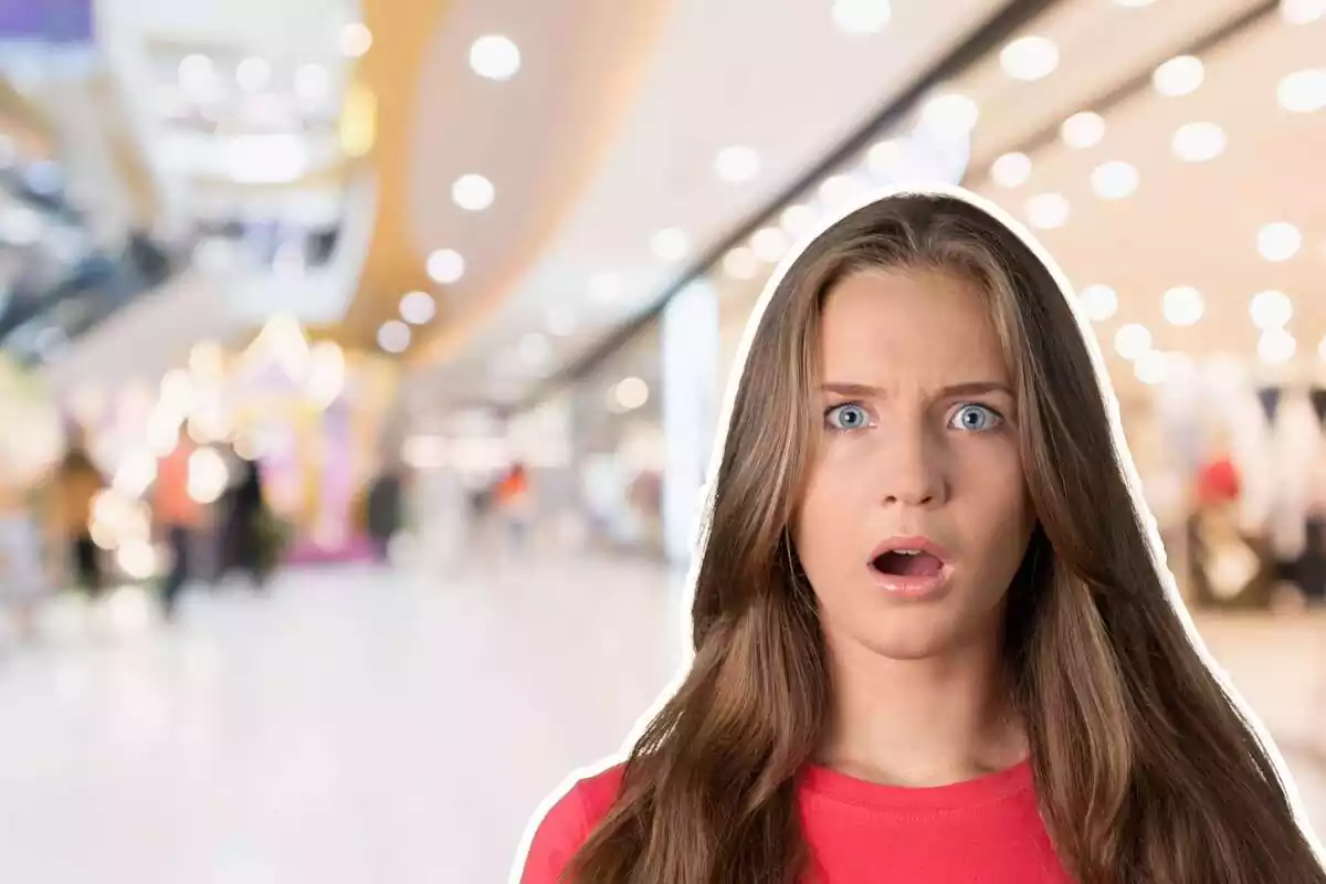 Montaje de un centro comercial desenfocado de fondo y encima la cara de una chica sorprendida