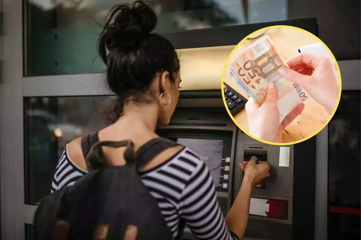 Montaje de una chica sacando billetes de un cajero automático junto a una imagen de billetes