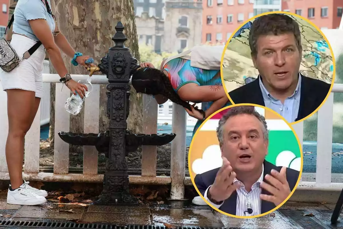 Montaje con dos chicas bebiendo y cogiendo agua de una fuente en la calle y dos círculos con las caras de Roberto Brasero y Mario Picazo