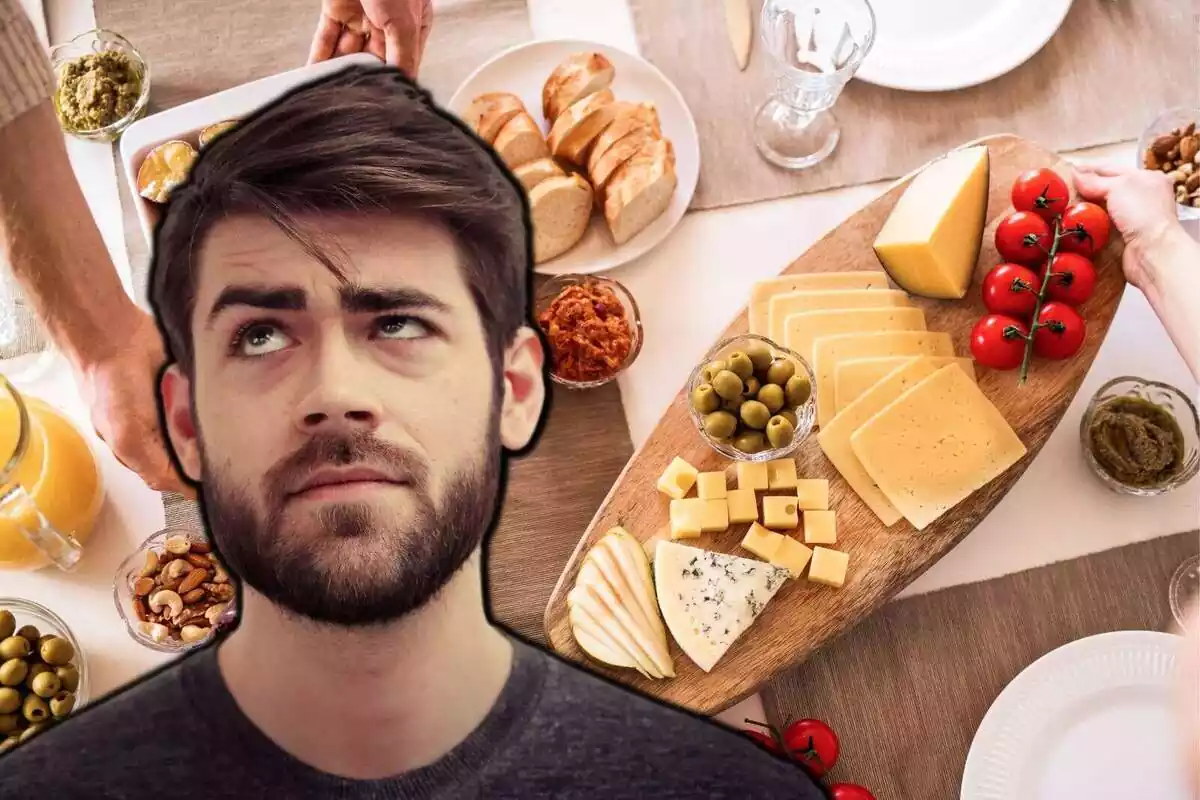 Montaje de un chico pensando y dudando y de fondo una imagen de una tabla de quesos y otros alimentos
