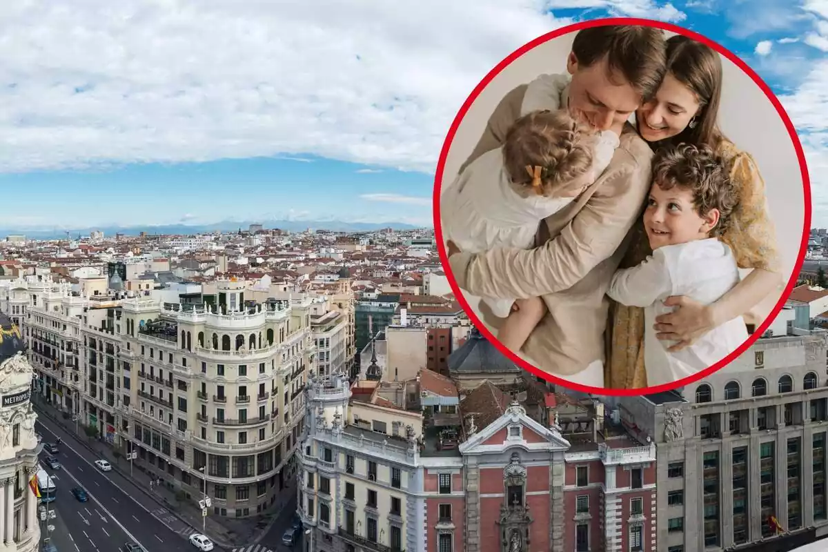 Montaje con una imagen panorámica de la Gran Vía de Madrid y un círculo con una familia abrazándose