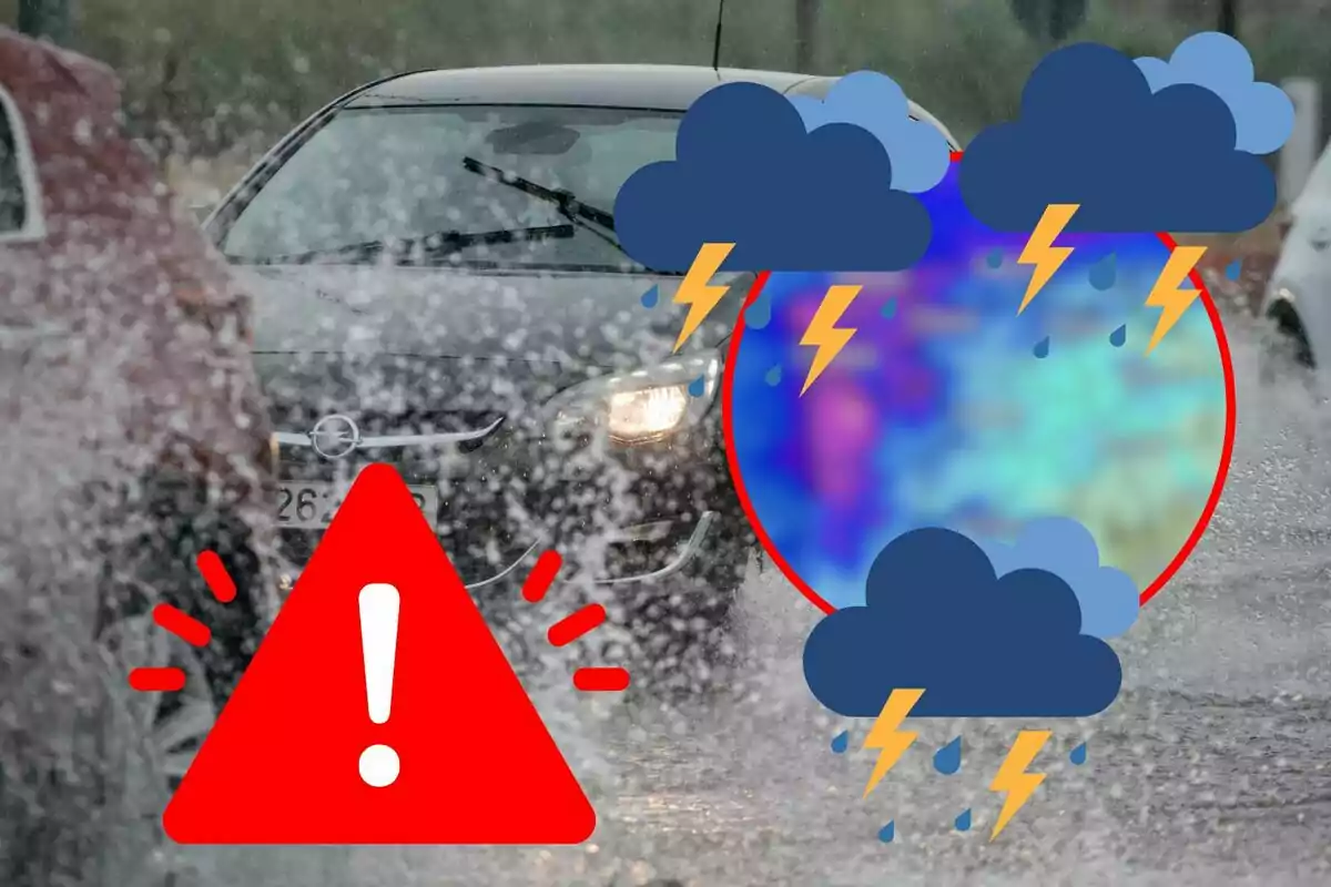 Un coche conduciendo bajo una fuerte lluvia con iconos de advertencia y tormenta.