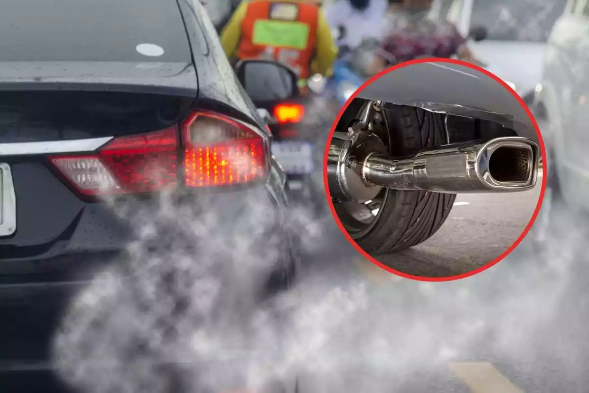 Montaje de un coche contaminando con el humo y una redonda con un tubo de escape