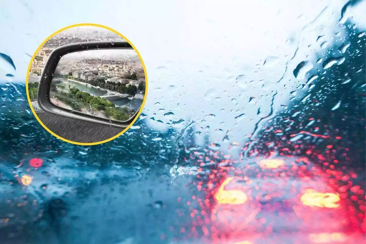 Montaje de un coche lleno de gotas de lluvia y una foto con una pegatina que hace que puedas ver a través del retrovisor
