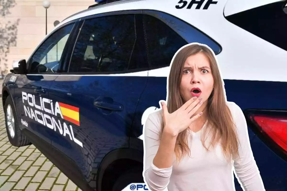Montaje de un coche de la Policía Nacional y una chica sorprendida