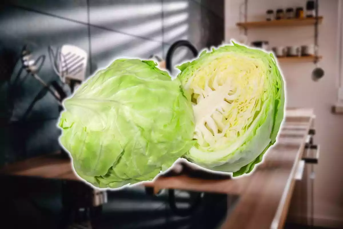 Montage with kitchen counter in the background and cabbage cut in half