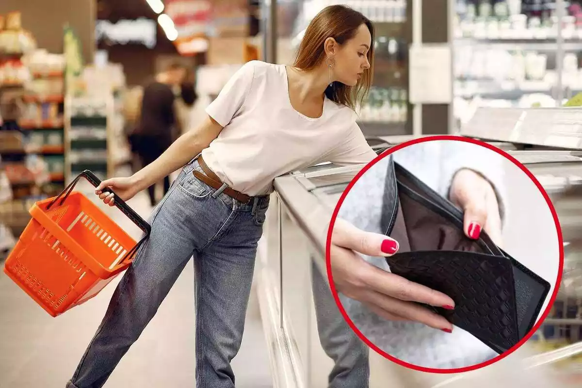 Montaje de una mujer haciendo la compra y mostrando una cartera vacía