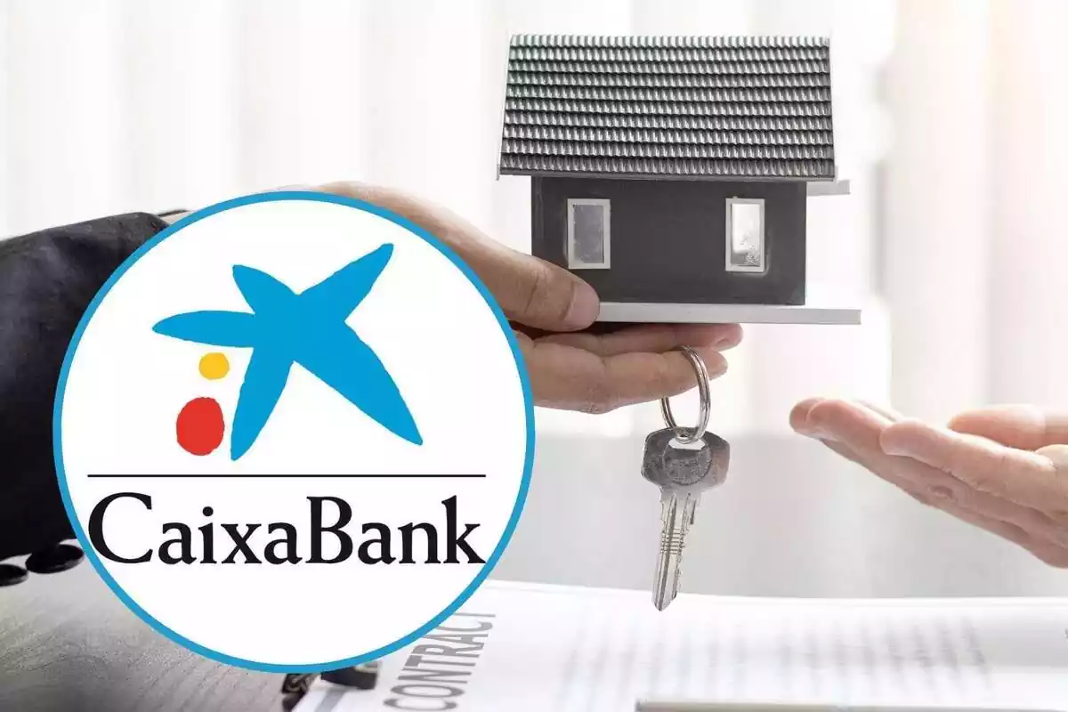 Montaje con una imagen de unas manos cogiendo una casa en miniatura junto a unas llaves y un círculo con el logo de CaixaBank
