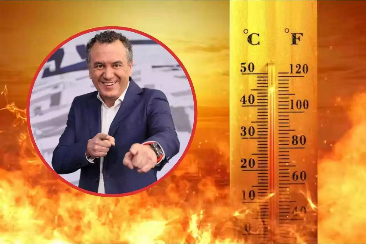 Montaje con una imagen de un termómetro y llamas de fuego y un círculo con la cara de Roberto Brasero