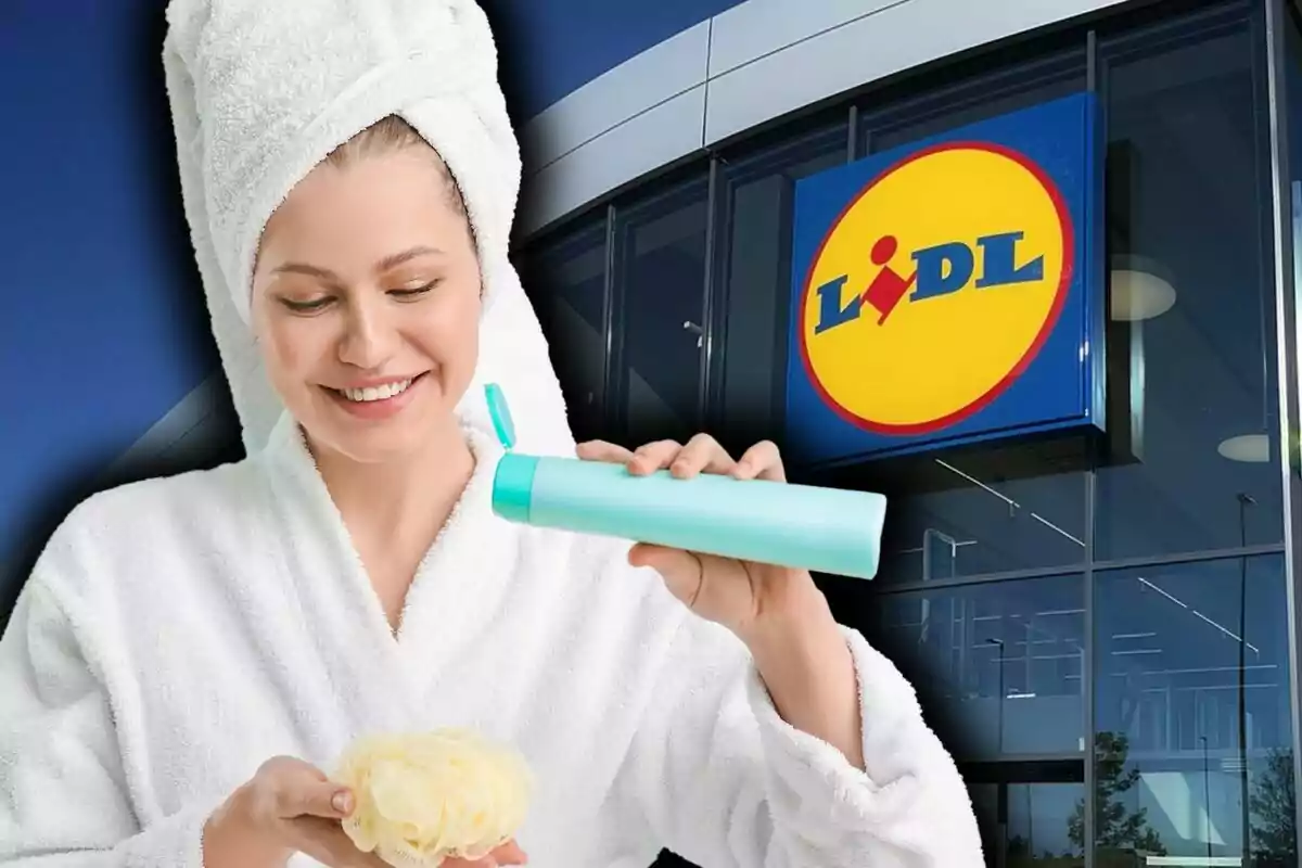 Photo montage of a smiling woman with a towel on her head and a white robe applying personal care product in front of a Lidl store. Photo montage of a smiling woman with a towel on her head and a white robe applying personal care product in front of a Lidl store.