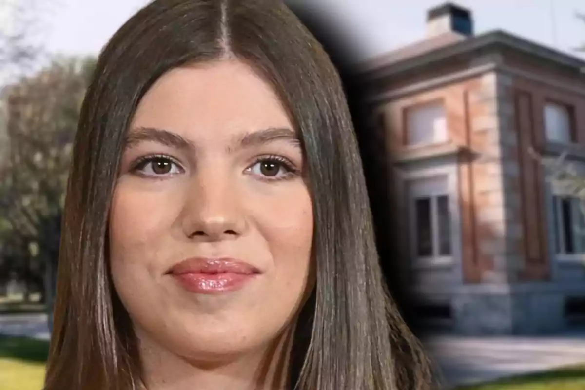 Montaje de fotos de primer plano de la infanta Sofía con rostro neutro y, de fondo, un plano general del palacio de la Zarzuela.