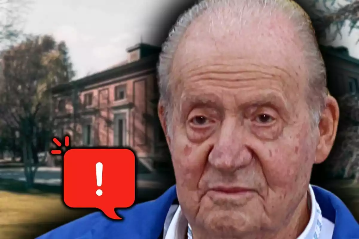 Montaje de fotos de Juan Carlos I con expresión seria en primer plano con una imagen del palacio de la Zarzuela de fondo y un emoji de advertencia al lado.