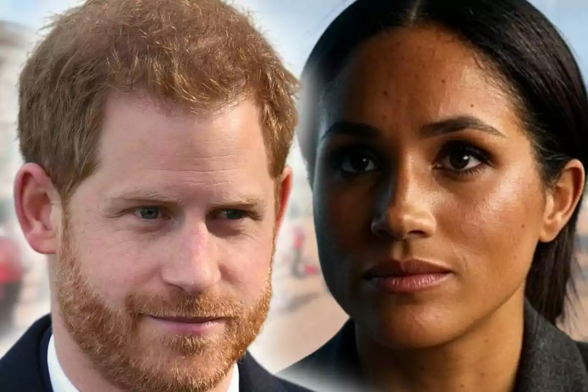 Montaje de fotos de primer plano del príncipe Harry y Meghan Markle, ambos con rostro serio. Montaje de fotos de primer plano del príncipe Harry y Meghan Markle, ambos con rostro serio.