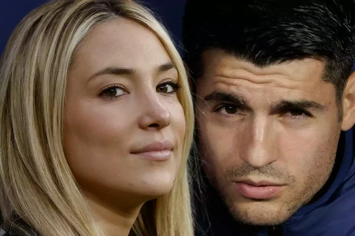 Montaje de fotos de primer plano de Álvaro Morata y Alice Campello, ambos mirando hacia la cámara con expresiones neutras.