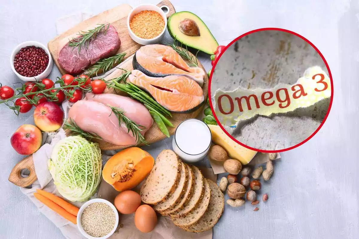 Montaje de todos los alimentos de una dieta equilibrada y una redonda con un papel donde pone Omega 3