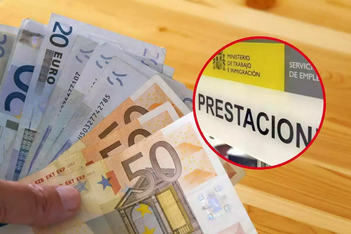 Montaje de billetes de 20 y 50 euros con un letrero de prestaciones del SEPE