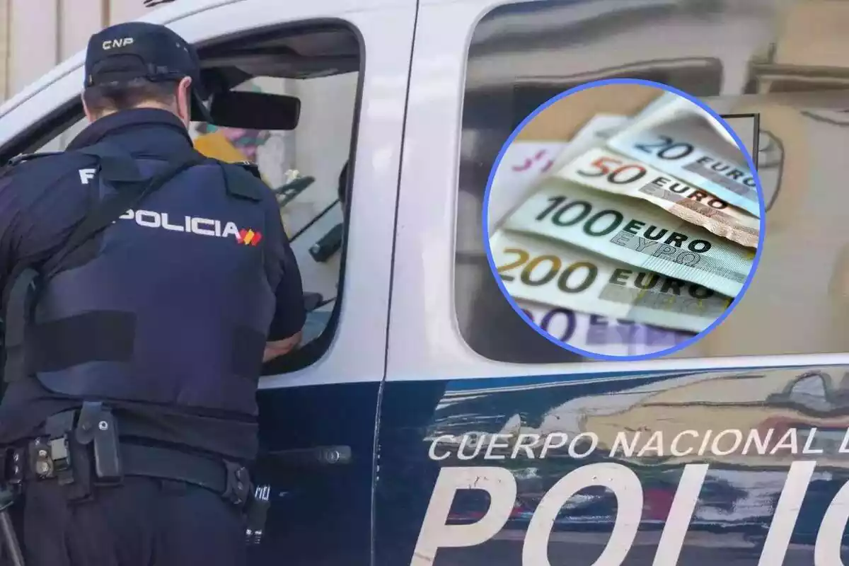 Montaje de un policia junto a un coche patrulla y un marco de fotos con una imagen de euros