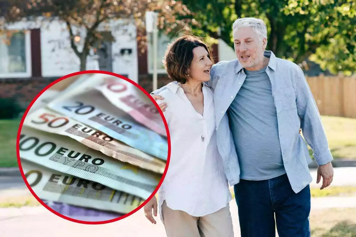 Montaje con dos personas mayores hablando y un círculo con billetes de euro