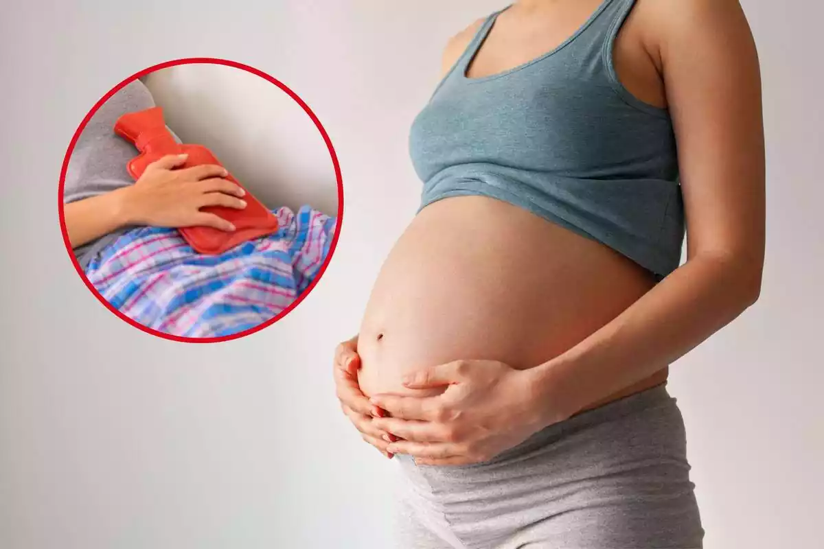 Montaje de una embarazada y una redonda mostrando dolor de barriga