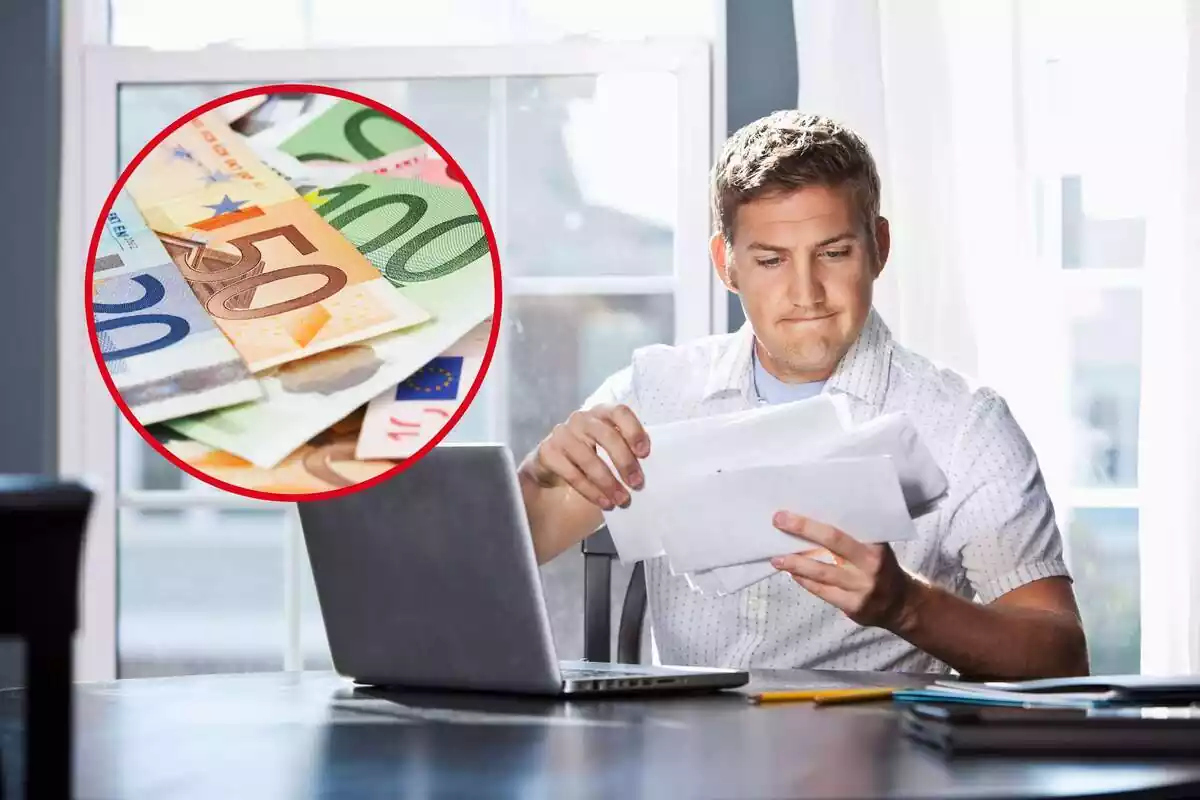 Montaje de un señor mirando cartas y una redonda con billetes de euro