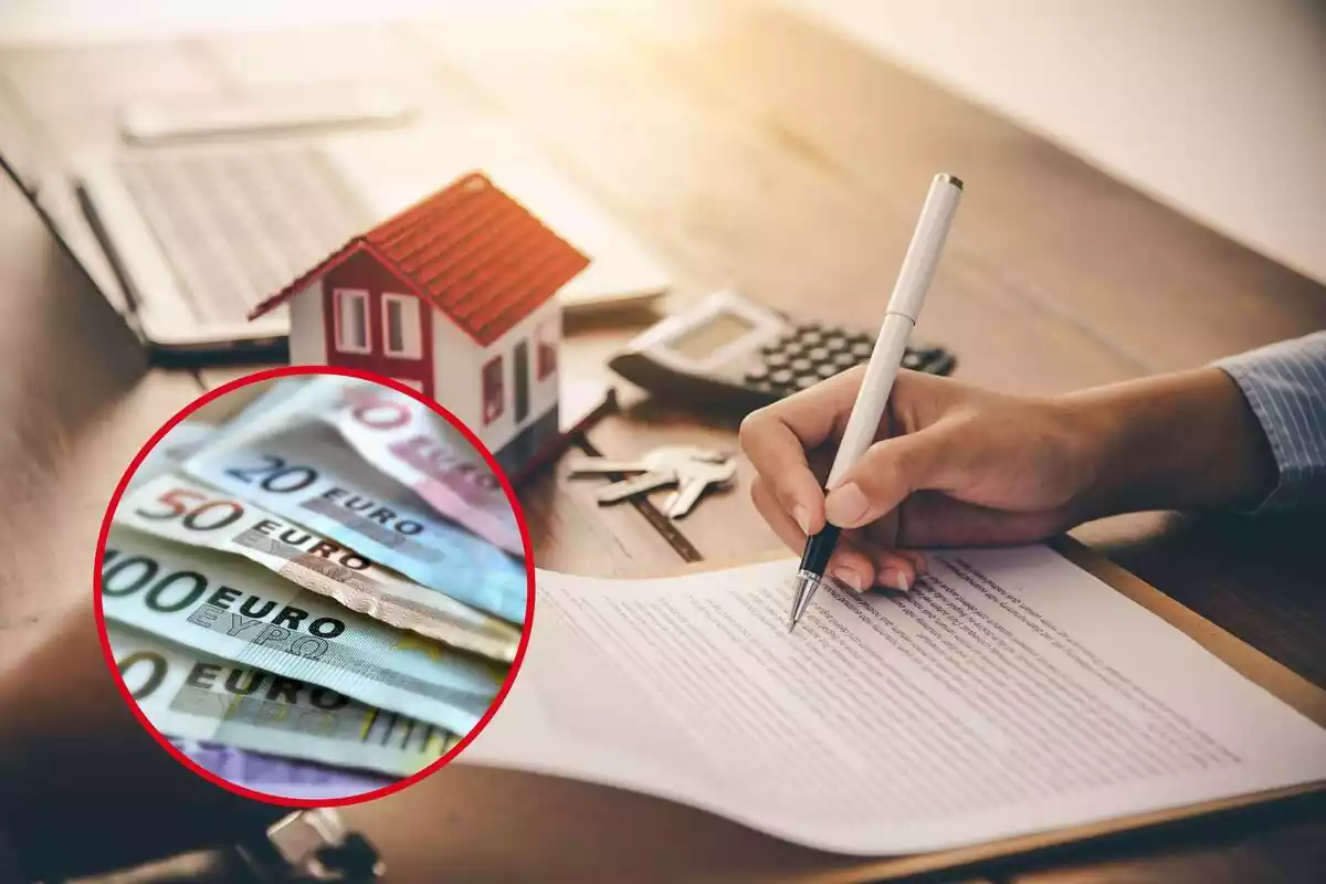 Montaje de una persona firmando una hipoteca y una redonda con billetes de euro
